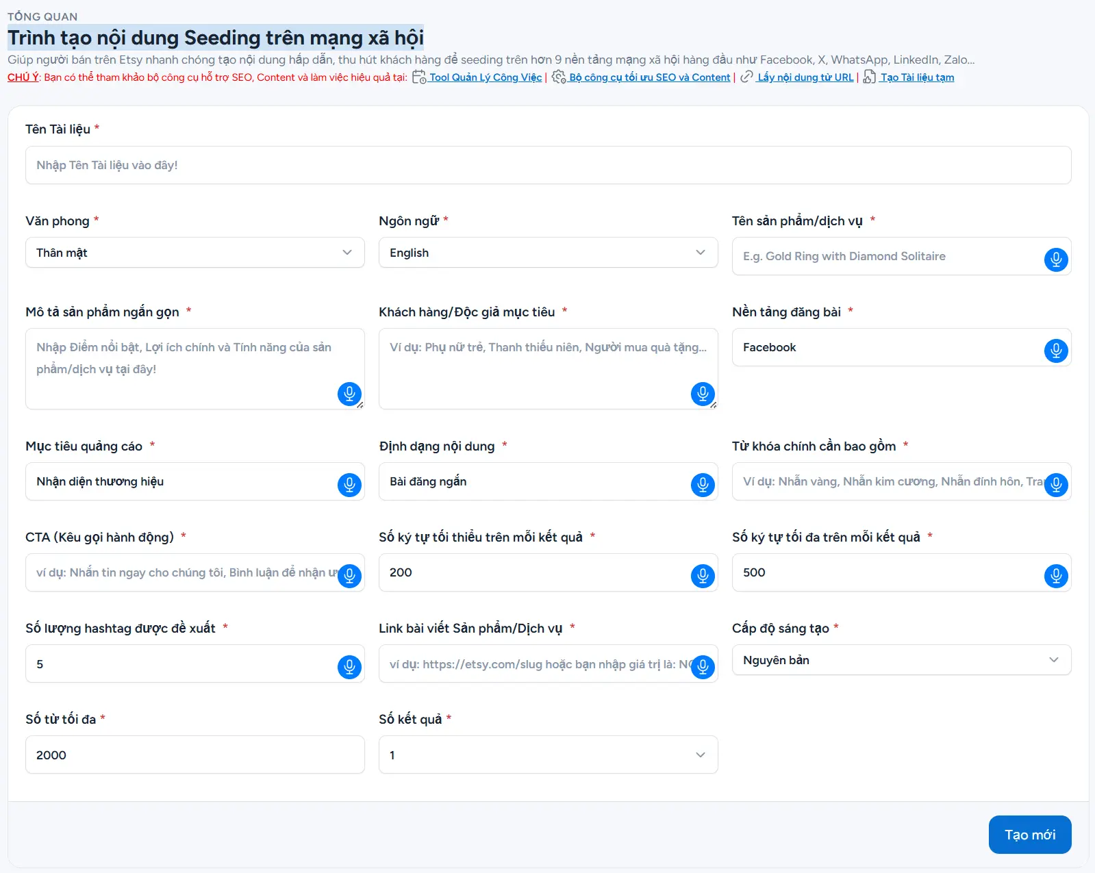 Trình tạo nội dung Seeding trên mạng xã hội